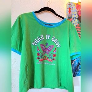 Take it easy Primark self care short sleeve green top size XXL EUC boho 90s